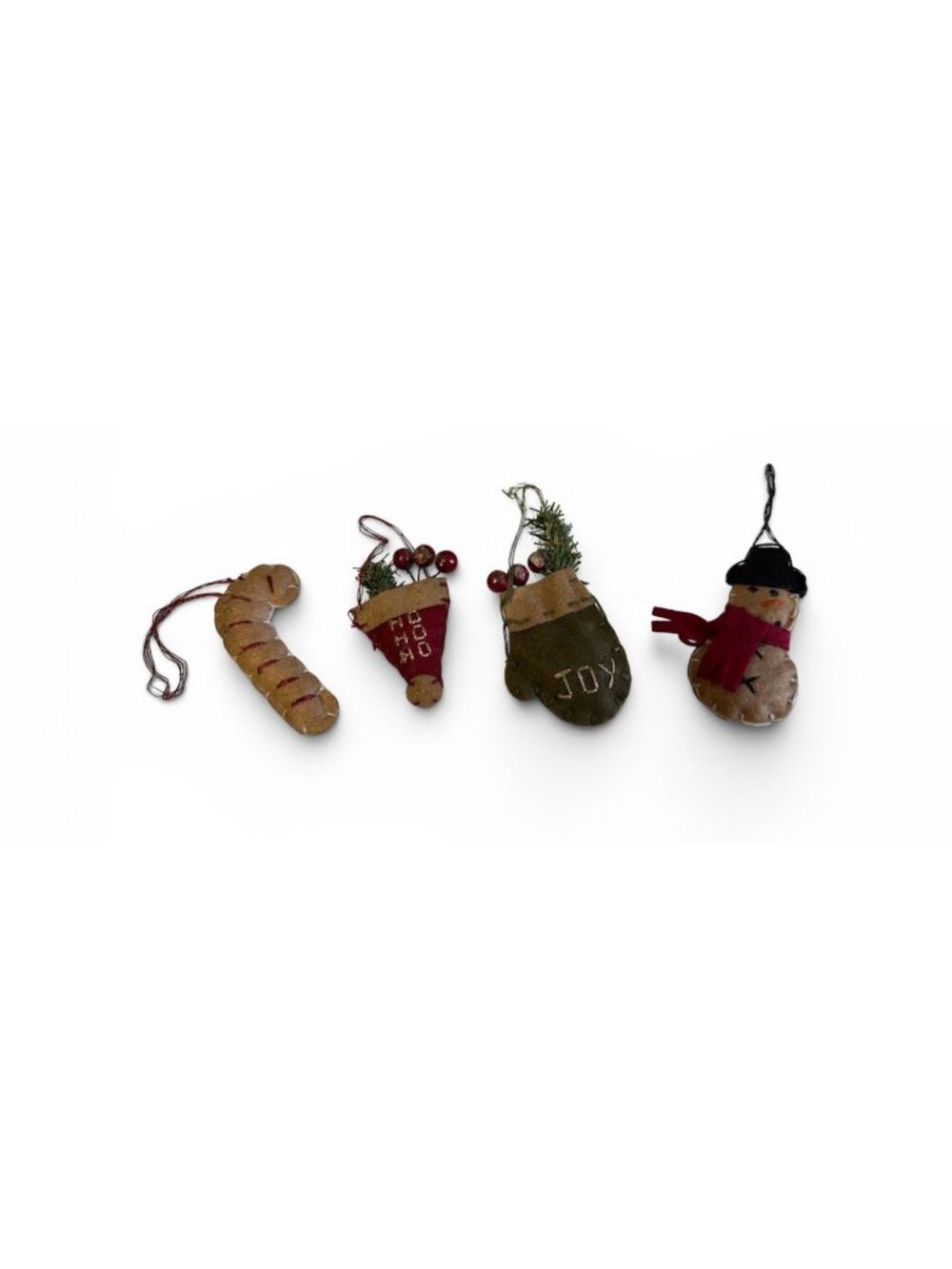 Set Of 4 Primitive Christmas Ornaments By Audreys - Candy Cane Mitten Snowman &